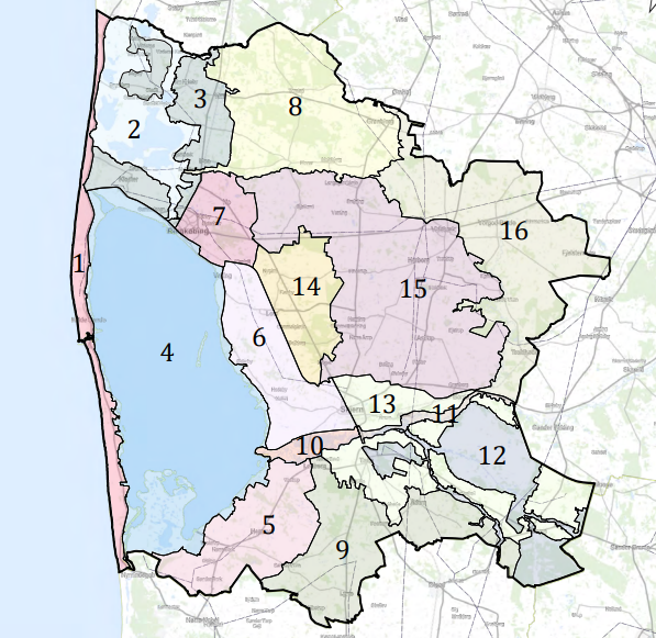 Oversigtskort til landskabsanalysen med inddeling af kommunen i 16 områder